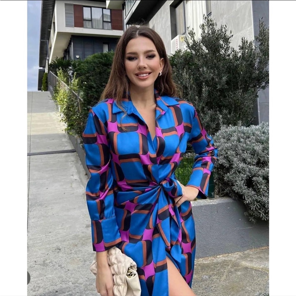 ZARA Printed Wrap Maxi Dress Multi Colored Sz Medium | 8737/363 NWT